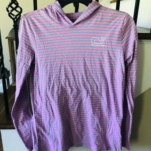 Girls Pink and Blue Stripe Vineyard Vines Long Sleeve Hooded Shirt Size L (14)